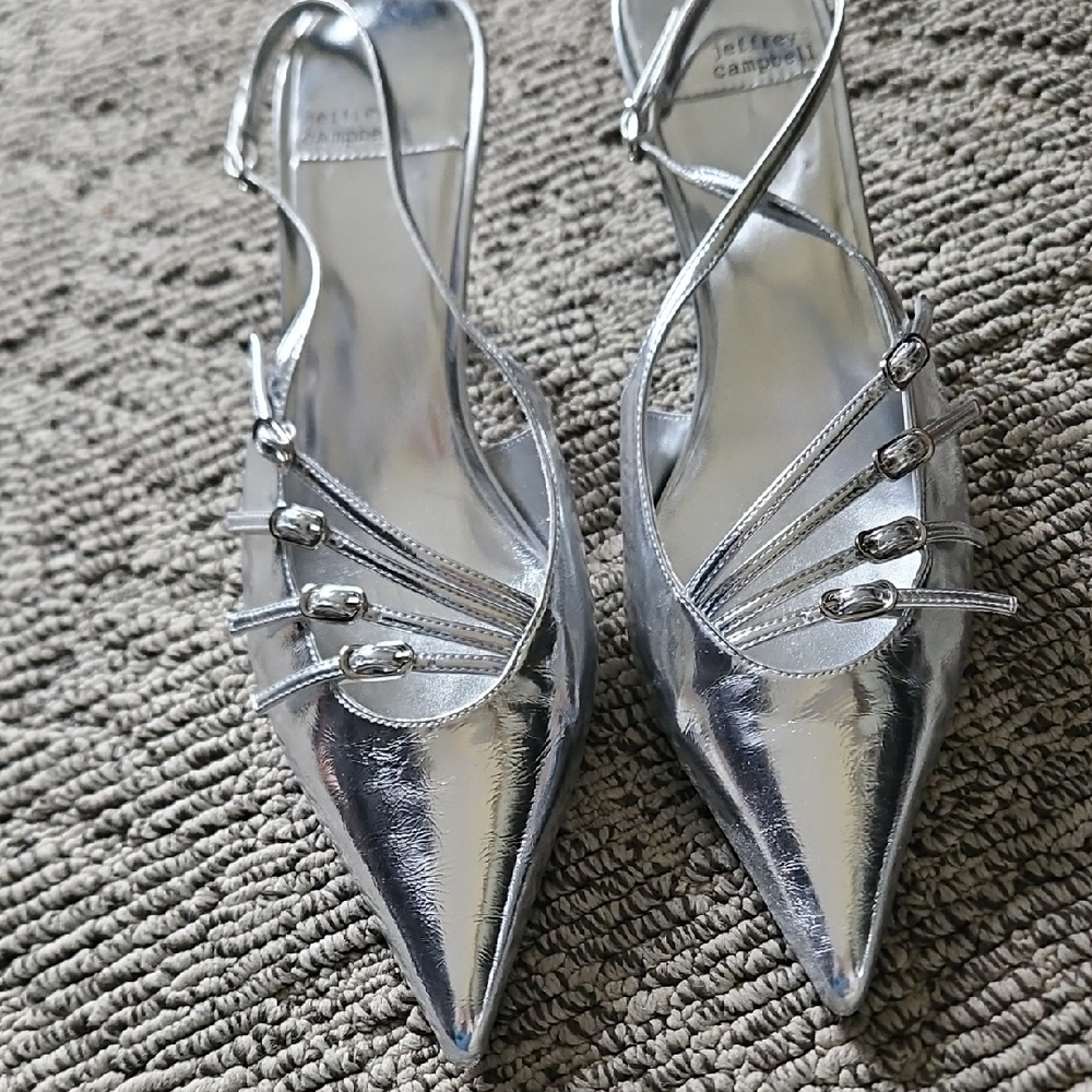 Jeffrey Campbell Silver Slingback Heels with Pointed Toe